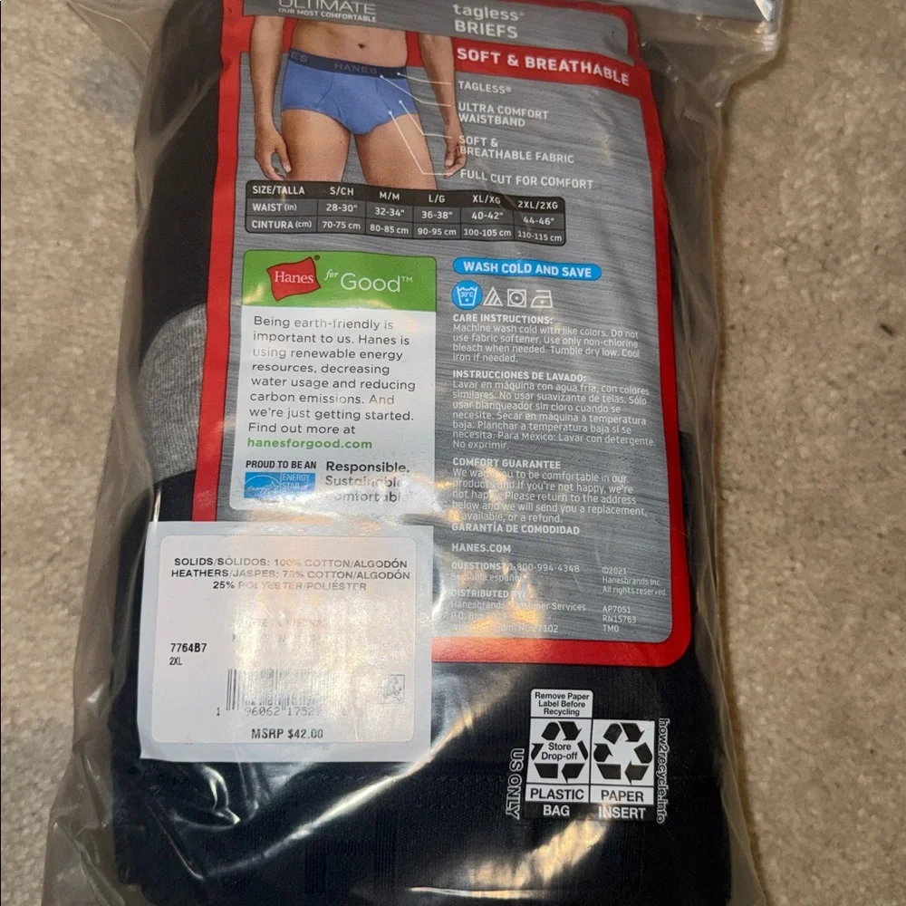 Hanes 7 pair tagless briefs men’s ultra soft 2X black/grey
